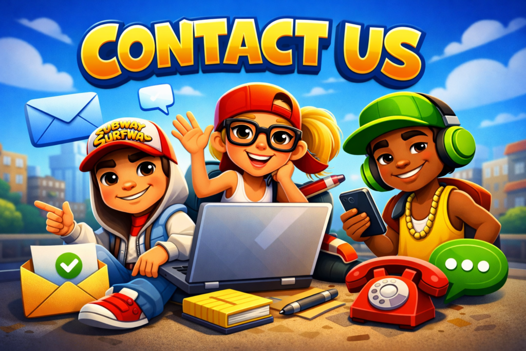 Contact Us Subway Surfers support banner with characters sending message and email for website contact page